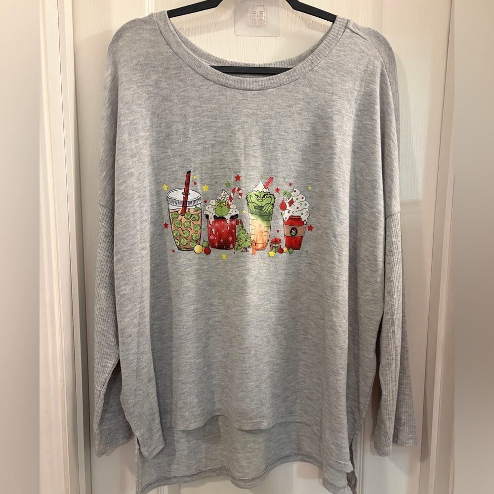 Gray Long sleeve shirt  with Colorful Grinch Drink Print worn once sz xl